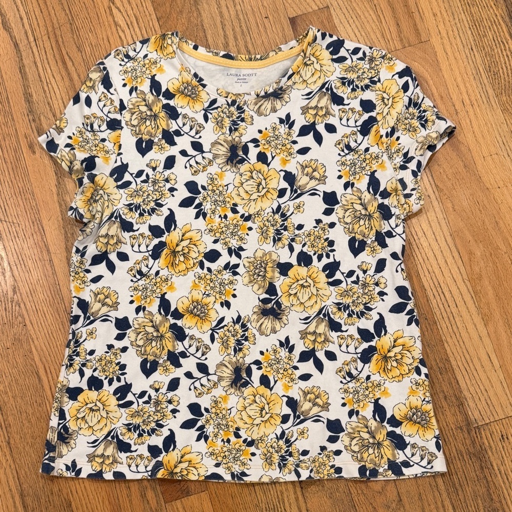 Laura Scott Yellow and Blue Floral Cotton Top Petite Large